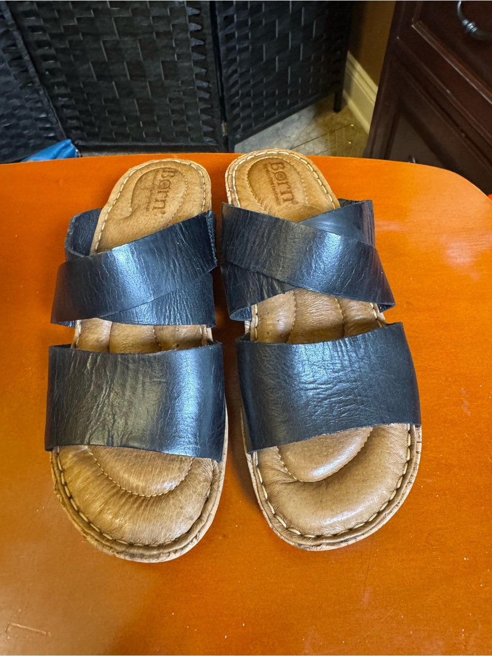 Born Women’s Black Leather Double-Strap Slide Sandals